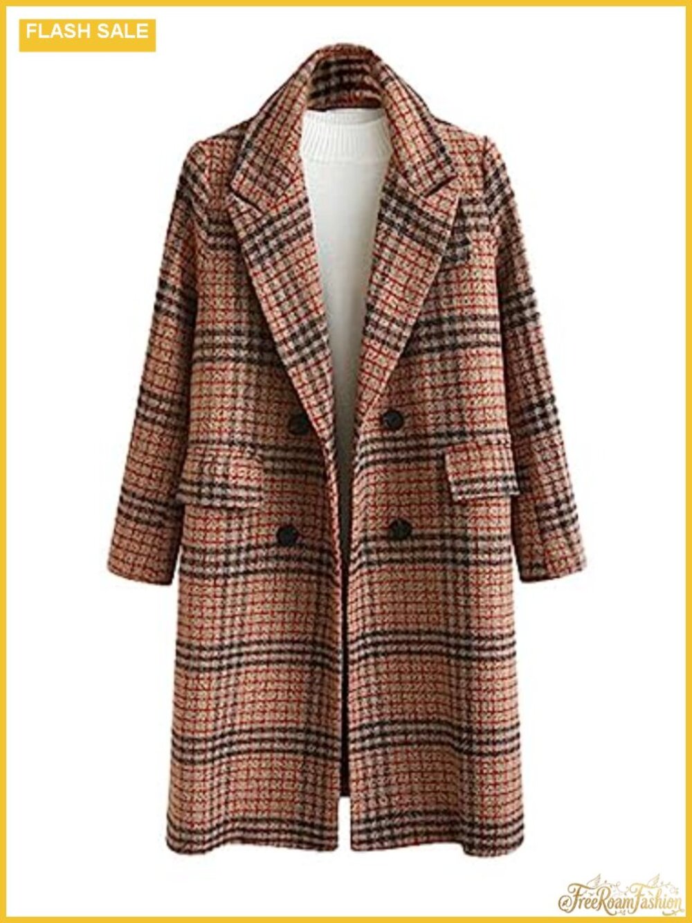 Woolen Plaid Double Breasted Long Peacoat Jacket Oversize Lapel Collar